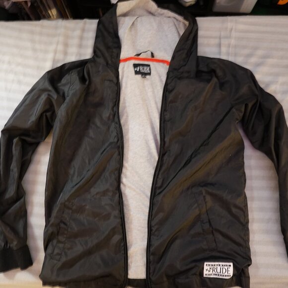 RARE 2000s Hot Topic RUDE Black Windbreaker Hood sz M CONDITION IN DESCRIPTION - Picture 2 of 6